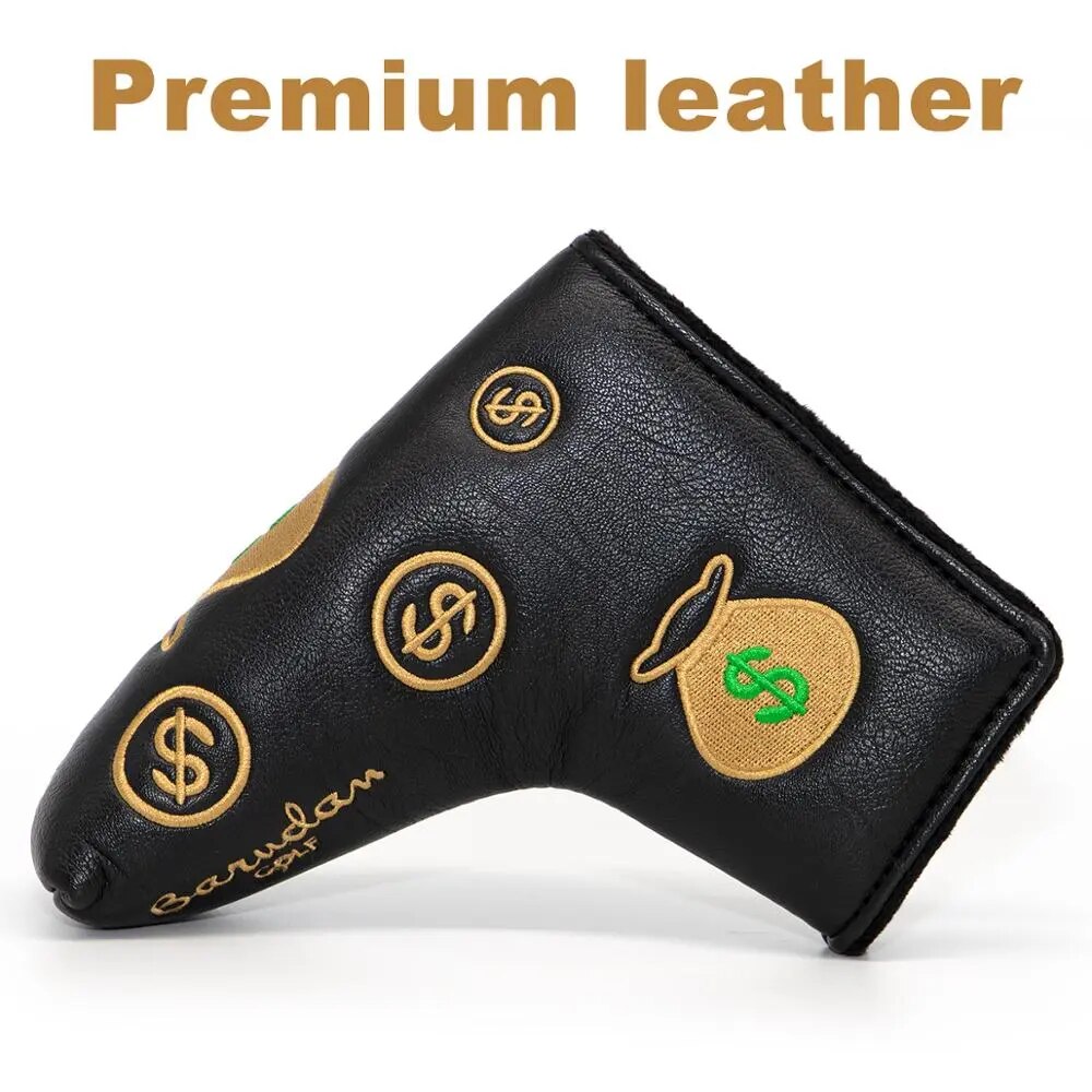 Gold Cash Money Black Leather Blade Golf Putter Head Cover with Magnetic Closure