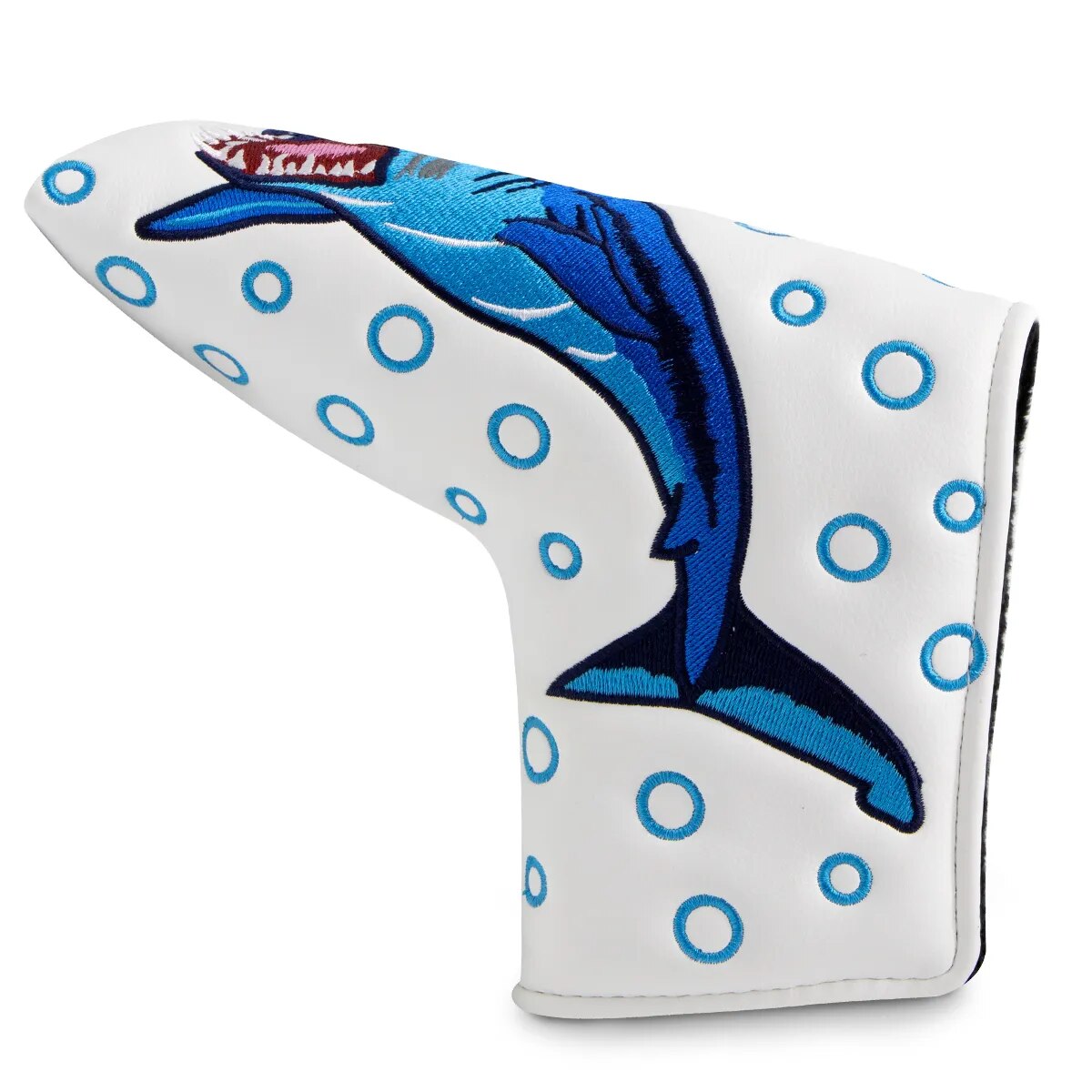 White & Blue Leather Shark Embriodered Golf Blade Putter Head Cover with Magnetic Closure