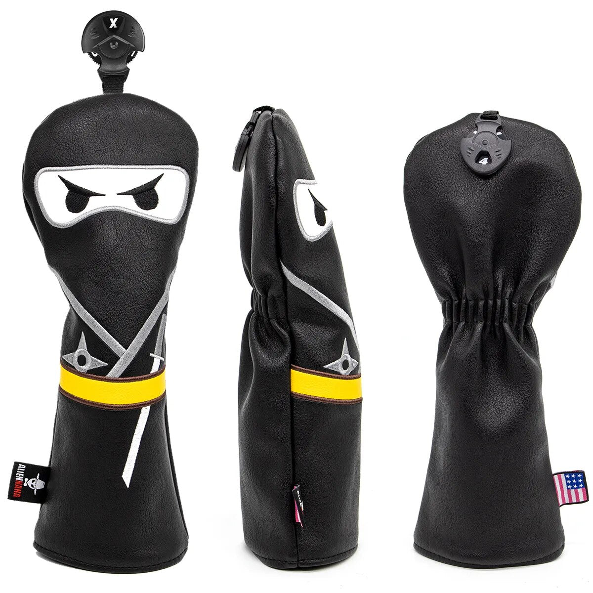 Black & Yellow Ninja Leather Golf Club Head Covers Driver, Wood, Hybrid, Iron, Mallet & Blade Putter