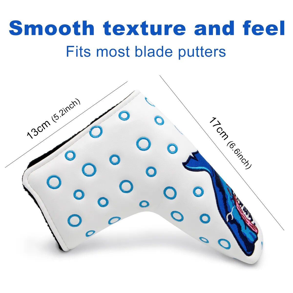 White & Blue Leather Shark Embriodered Golf Blade Putter Head Cover with Magnetic Closure