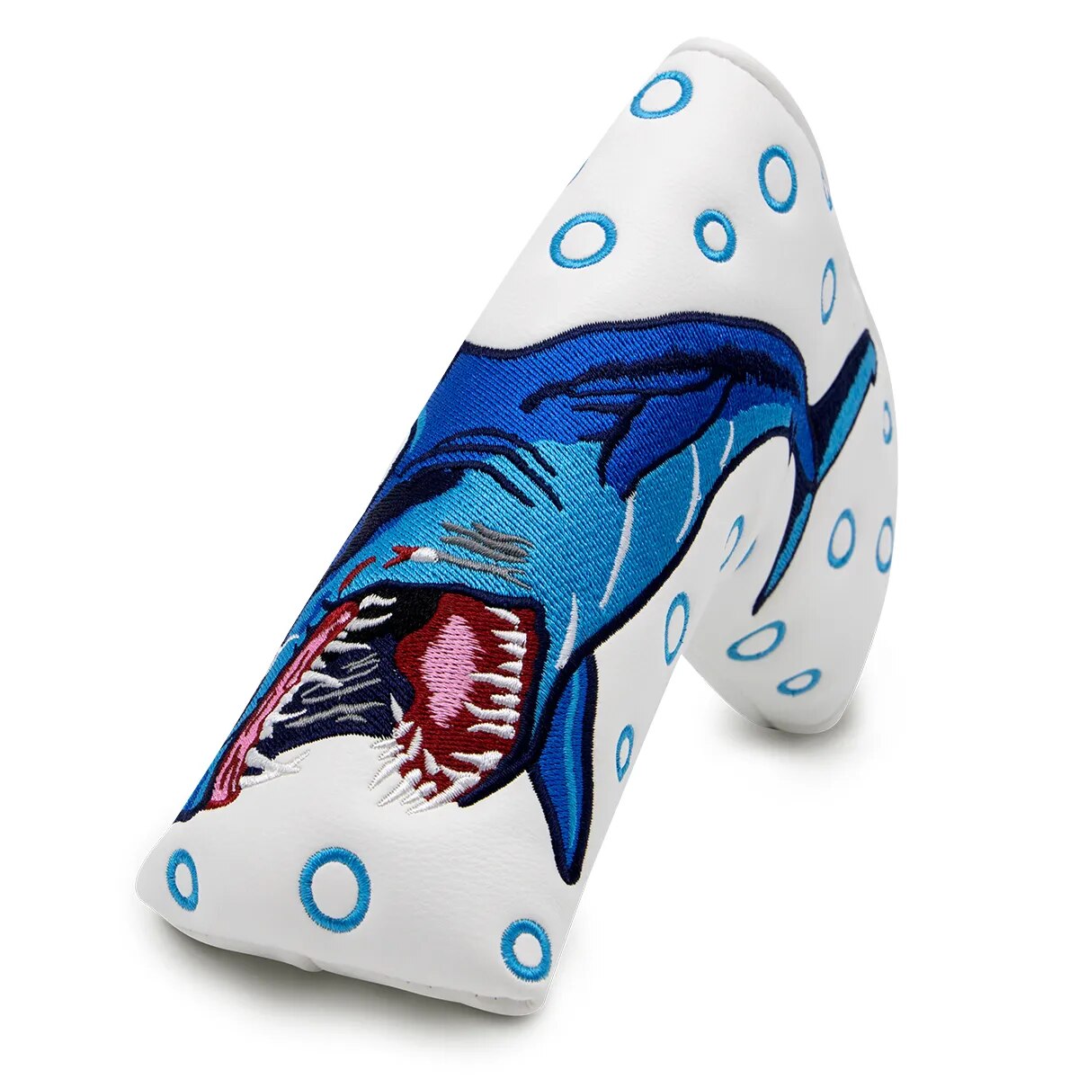 White & Blue Leather Shark Embriodered Golf Blade Putter Head Cover with Magnetic Closure