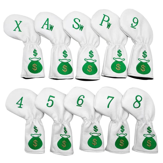 White & Greens Dollar Sign Design Leather Golf Iron Head Covers 10pcs/set