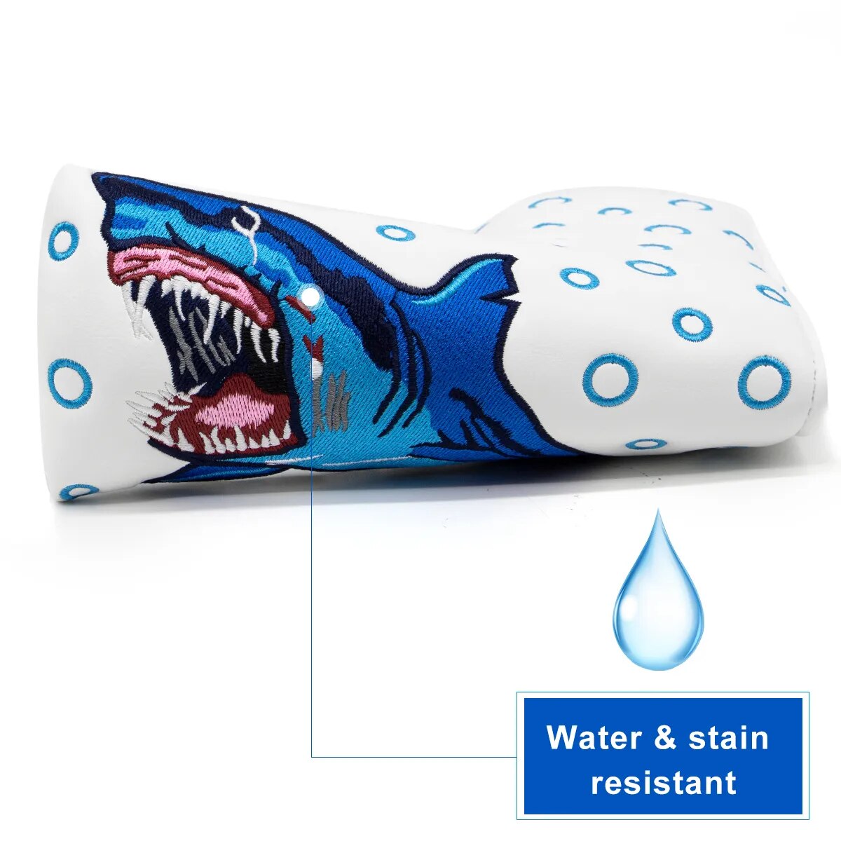 White & Blue Leather Shark Embriodered Golf Blade Putter Head Cover with Magnetic Closure