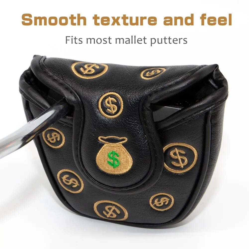 Black Leather Dollar Sign Design Mallet Putter Head Cover with Magnetic Closure