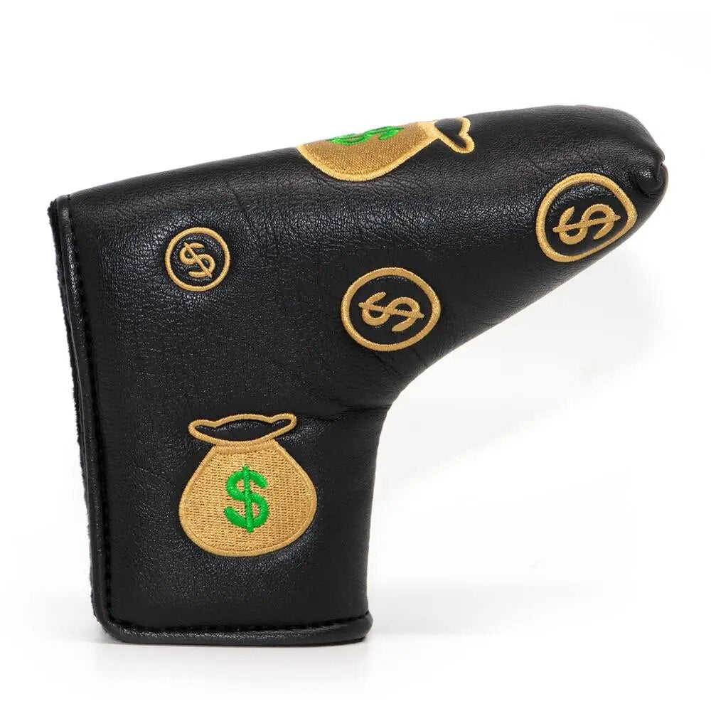 Gold Cash Money Black Leather Blade Golf Putter Head Cover with Magnetic Closure