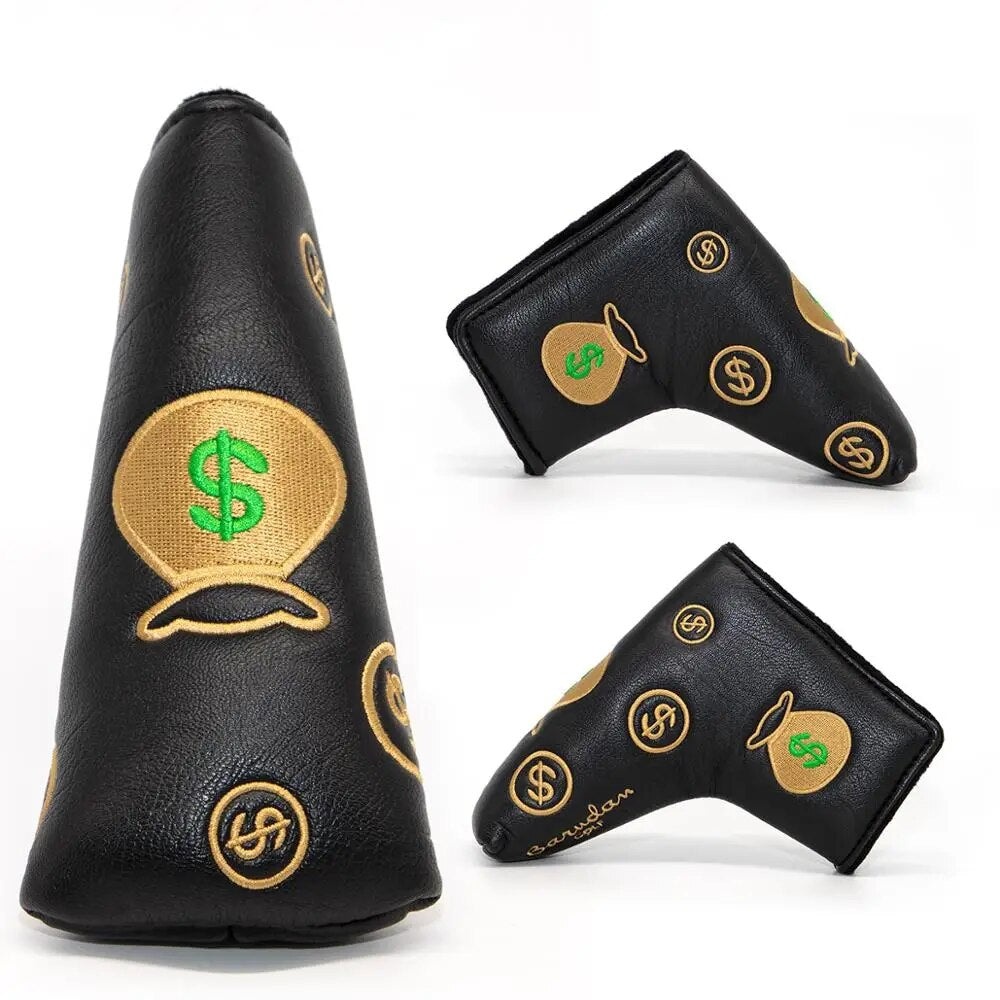 Gold Cash Money Black Leather Blade Golf Putter Head Cover with Magnetic Closure