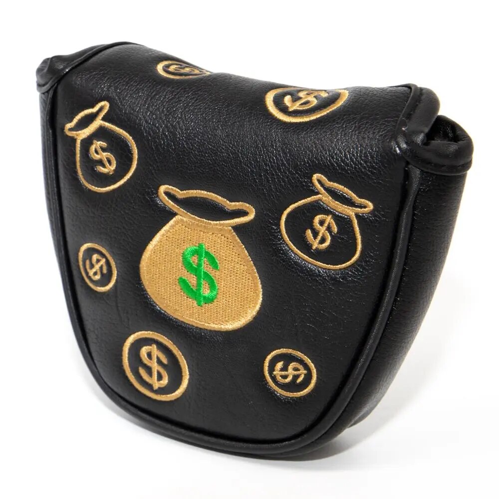 Black Leather Dollar Sign Design Mallet Putter Head Cover with Magnetic Closure