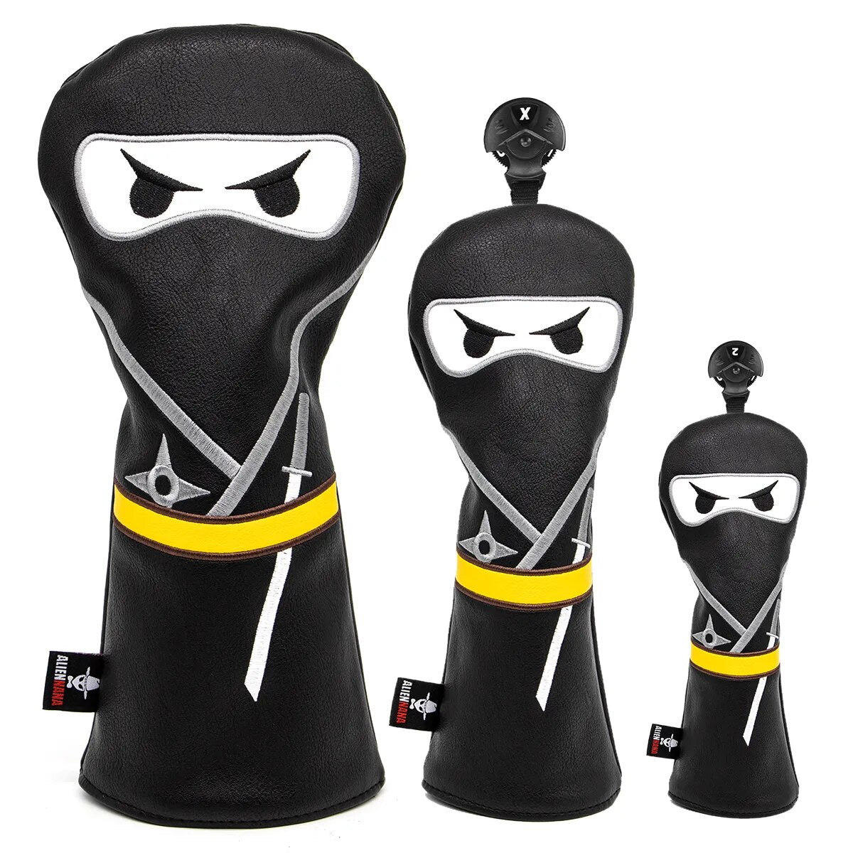 Black & Yellow Ninja Leather Golf Club Head Covers Driver, Wood, Hybrid, Iron, Mallet & Blade Putter