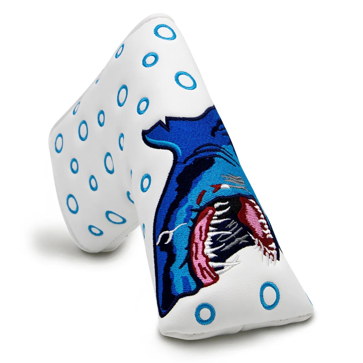 White & Blue Leather Shark Embriodered Golf Blade Putter Head Cover with Magnetic Closure