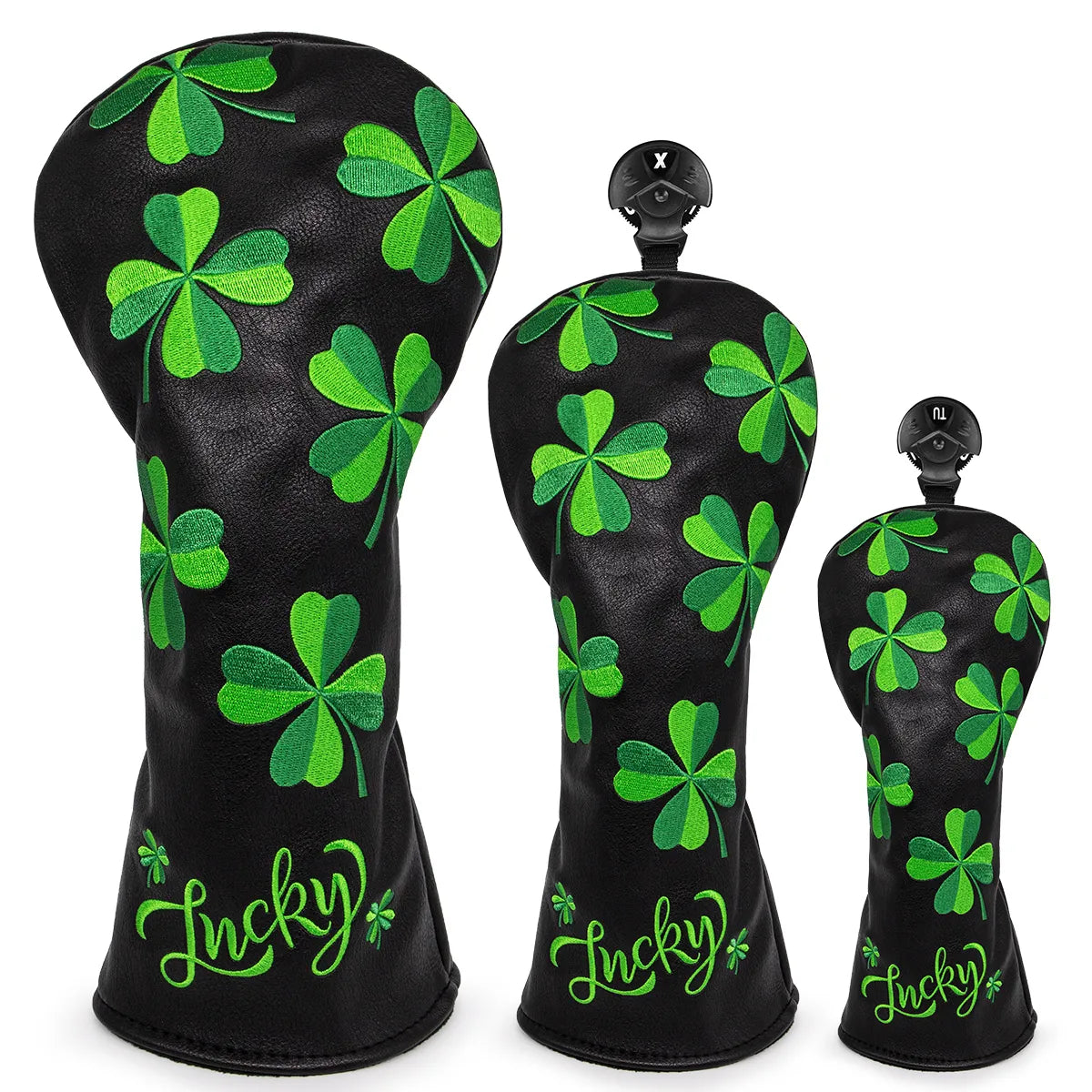 Black Lucky Themed Leather Golf Club Head Covers Driver, Wood, Hybrid, Mallet & Blade Putter