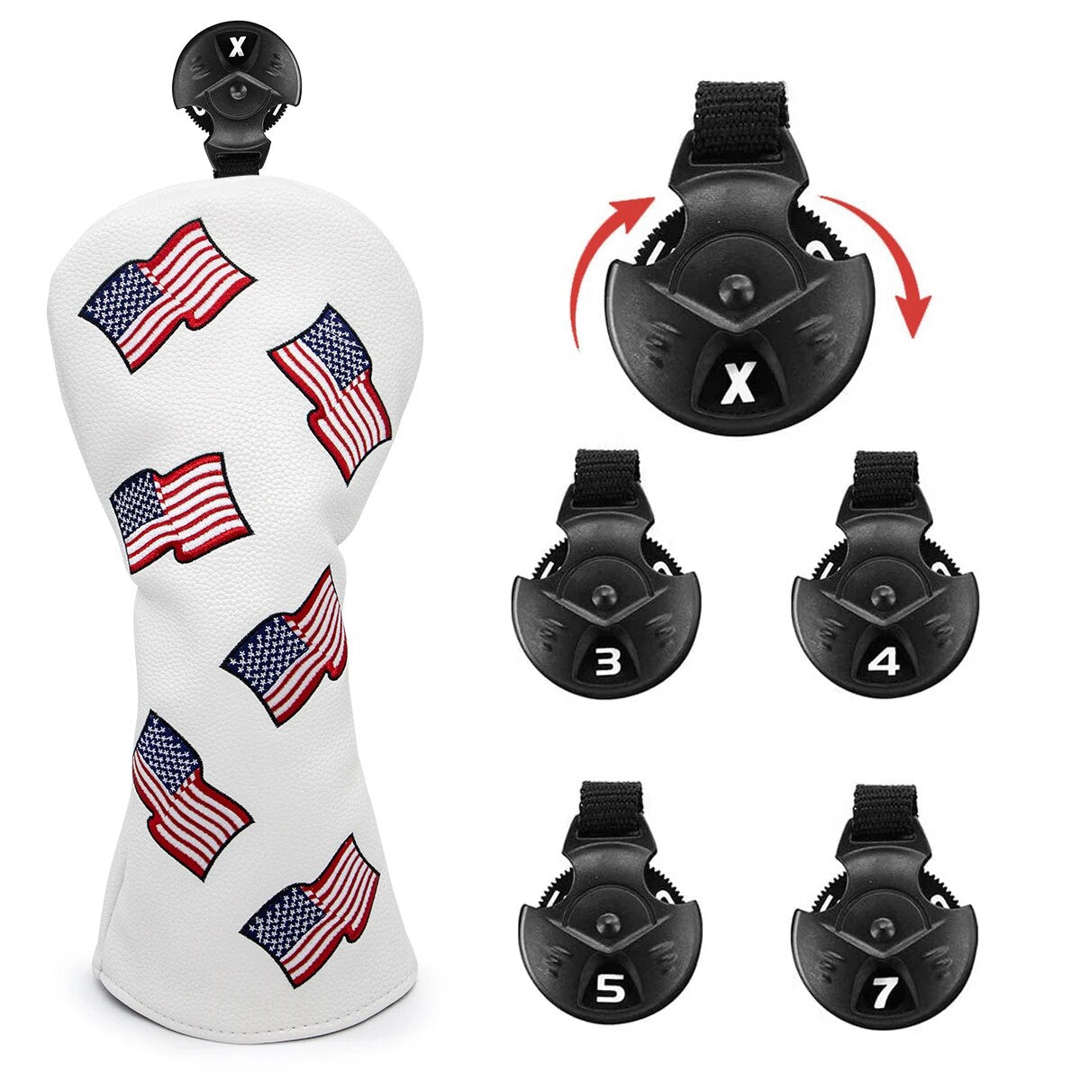 USA Flag Print White Leather Golf Club Head Covers Drivers, Woods, Hybrids