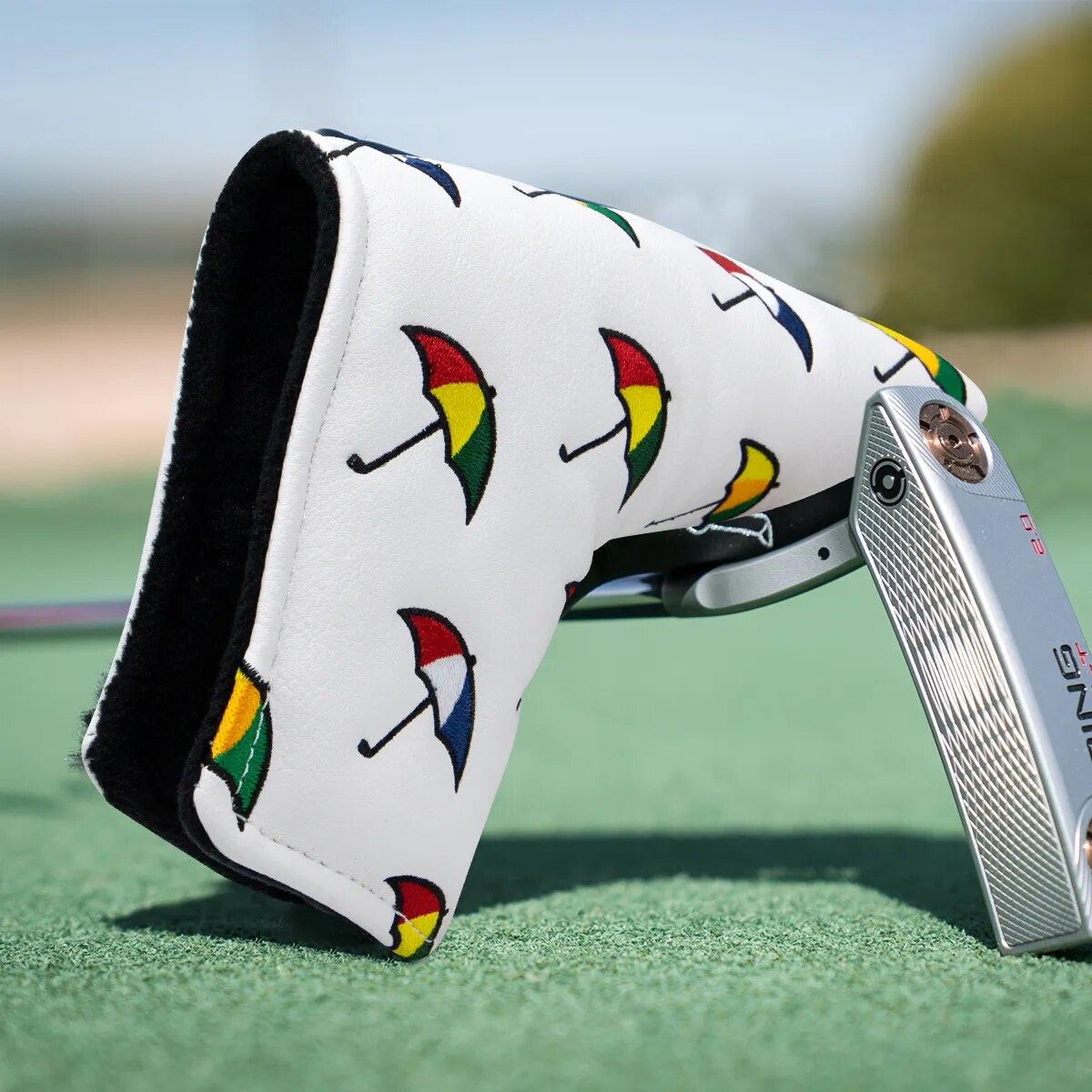 Arnold Palmer Umbrella Themed White Leather Golf Blade Putter Head Cover with Magnetic Closure