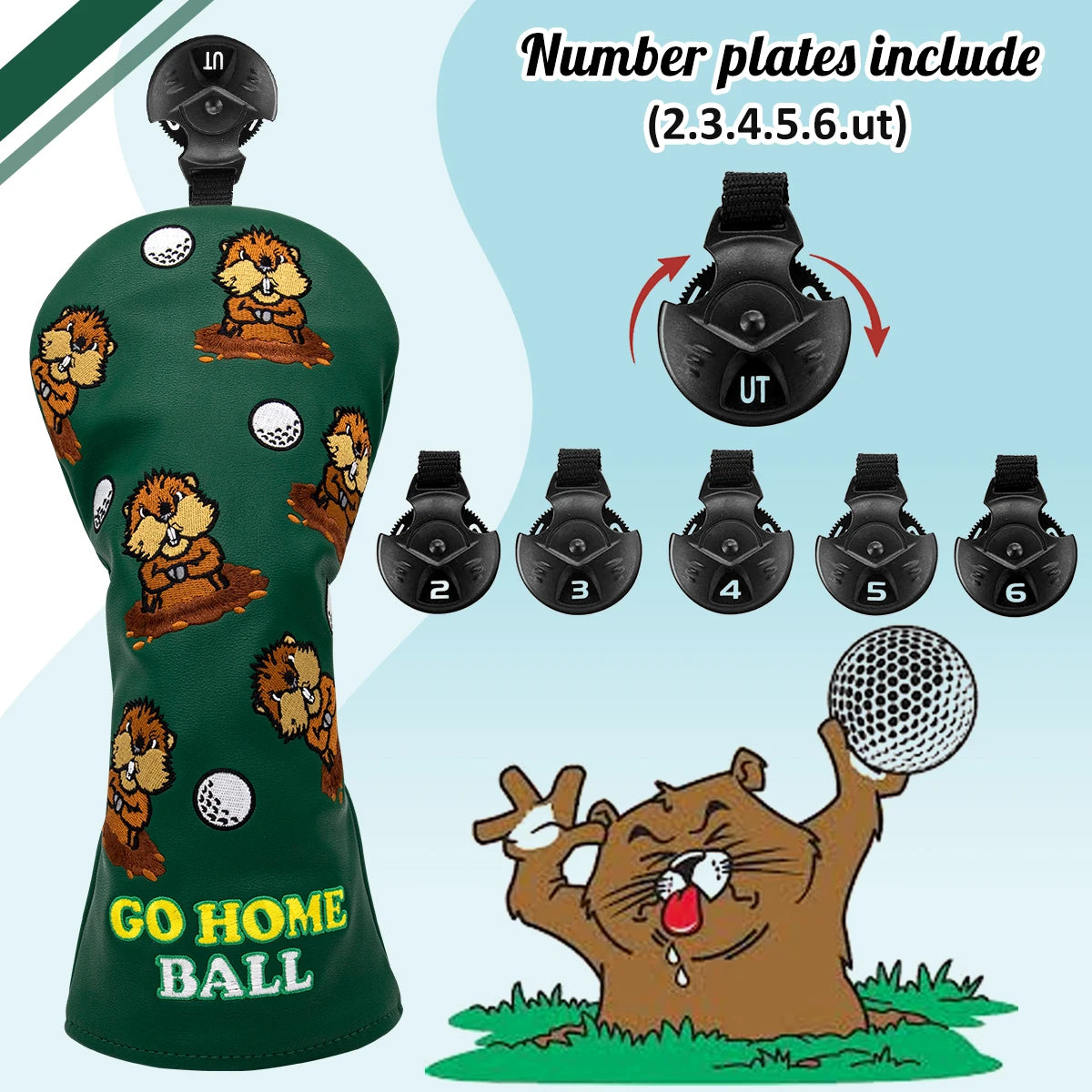 Green Leather Groundhog Embroidered Golf Club Headcovers for Drivers, Fairway Woods, Hybrids, & Putters