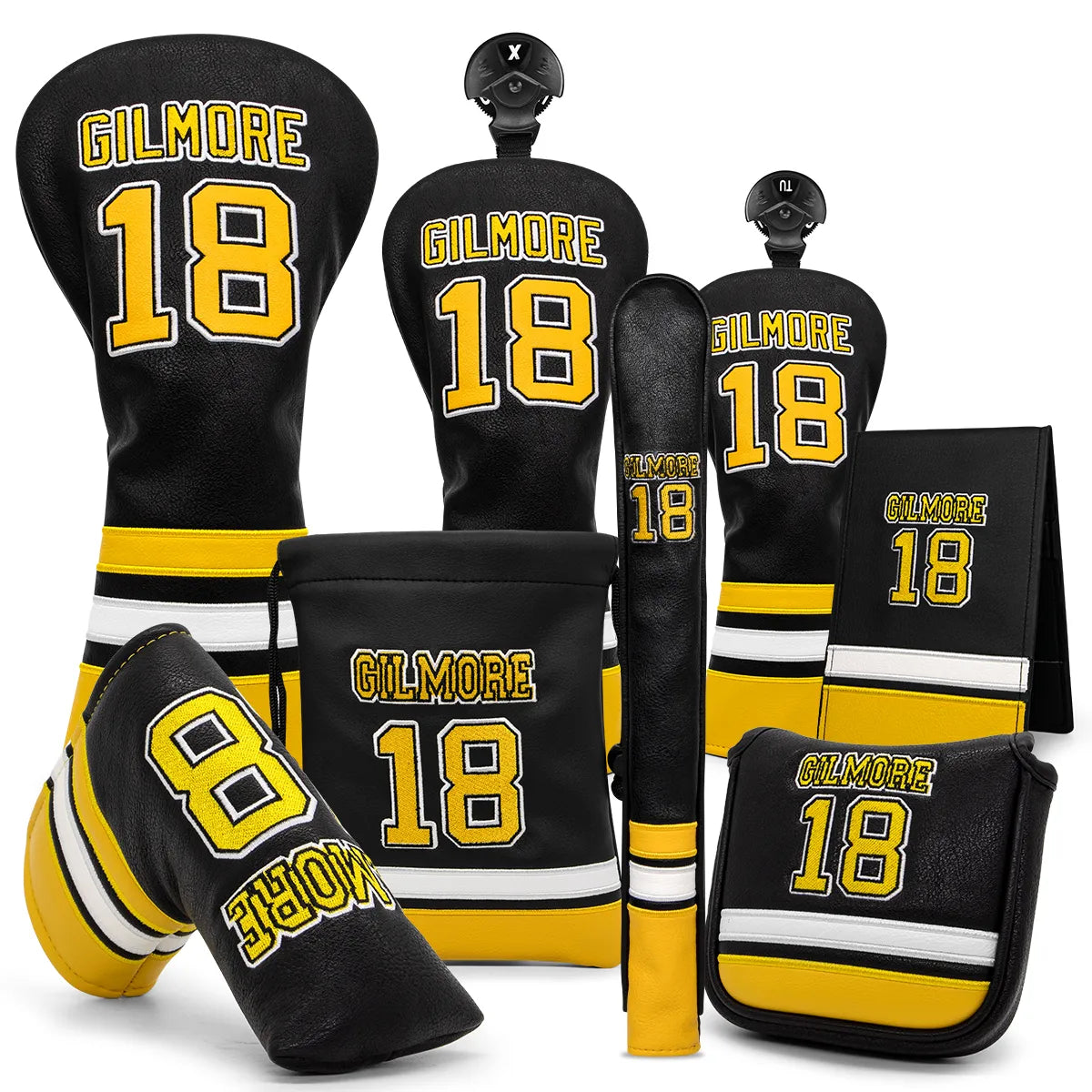 Happy Gilmore Jersey Themed Black & Yellow Leather Golf Club Head Covers Driver, Wood, Hybrid, Mallet & Blade Putter