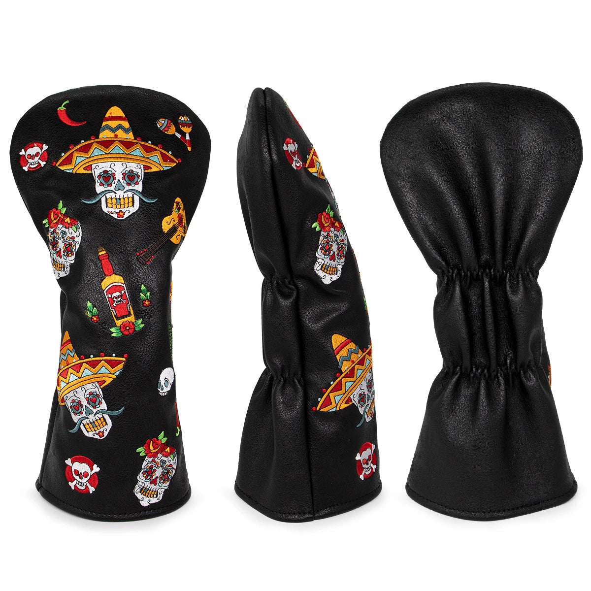 Fiesta Skull Themed Black Leather Golf Club Head Covers Drivers, Woods, Hybrids, Putters