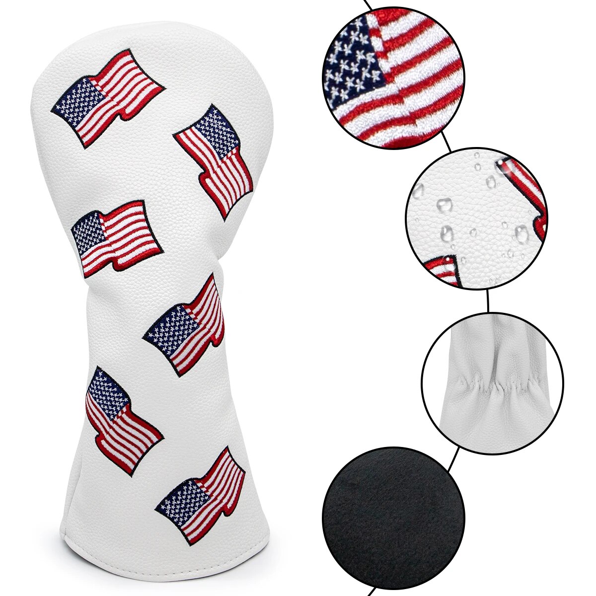 USA Flag Print White Leather Golf Club Head Covers Drivers, Woods, Hybrids