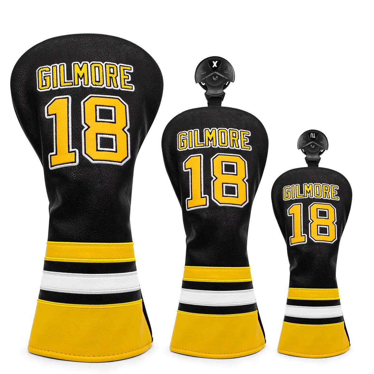 Happy Gilmore Jersey Themed Black & Yellow Leather Golf Club Head Covers Driver, Wood, Hybrid, Mallet & Blade Putter