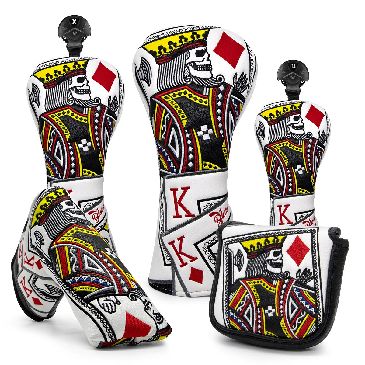 Skull King Of Diamonds Playing Cards Leather Golf Club Head Covers Drivers, Woods, Hybrids, Mallet & Blade Putters