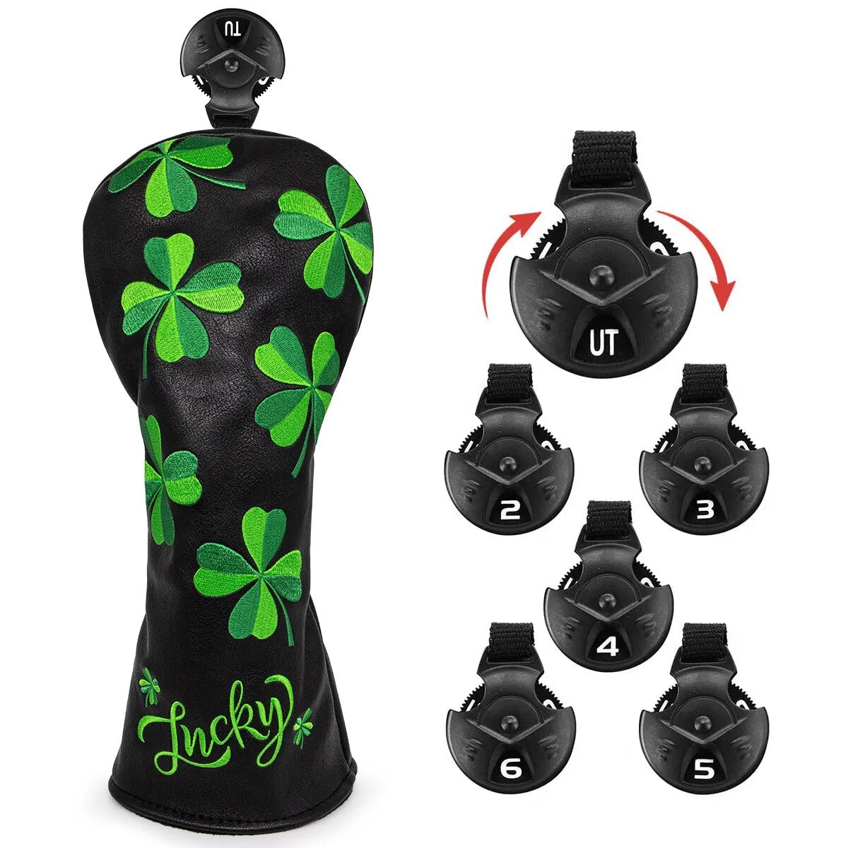 Black Lucky Themed Leather Golf Club Head Covers Driver, Wood, Hybrid, Mallet & Blade Putter