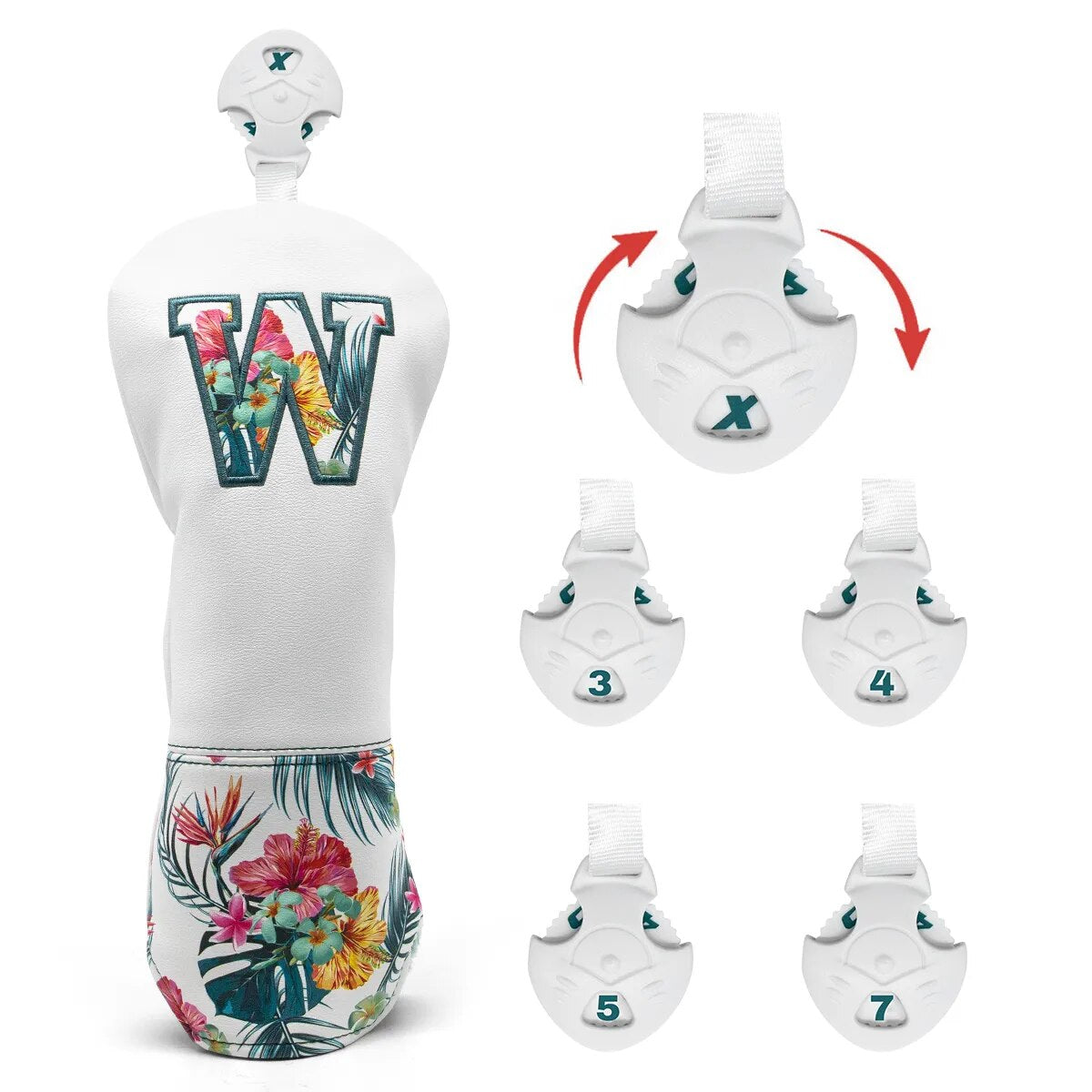 Tropical Hawaiian Themed White Leather Golf Club Head Covers Driver, Wood, Hybrid, Blade Putter, Ball Pouch