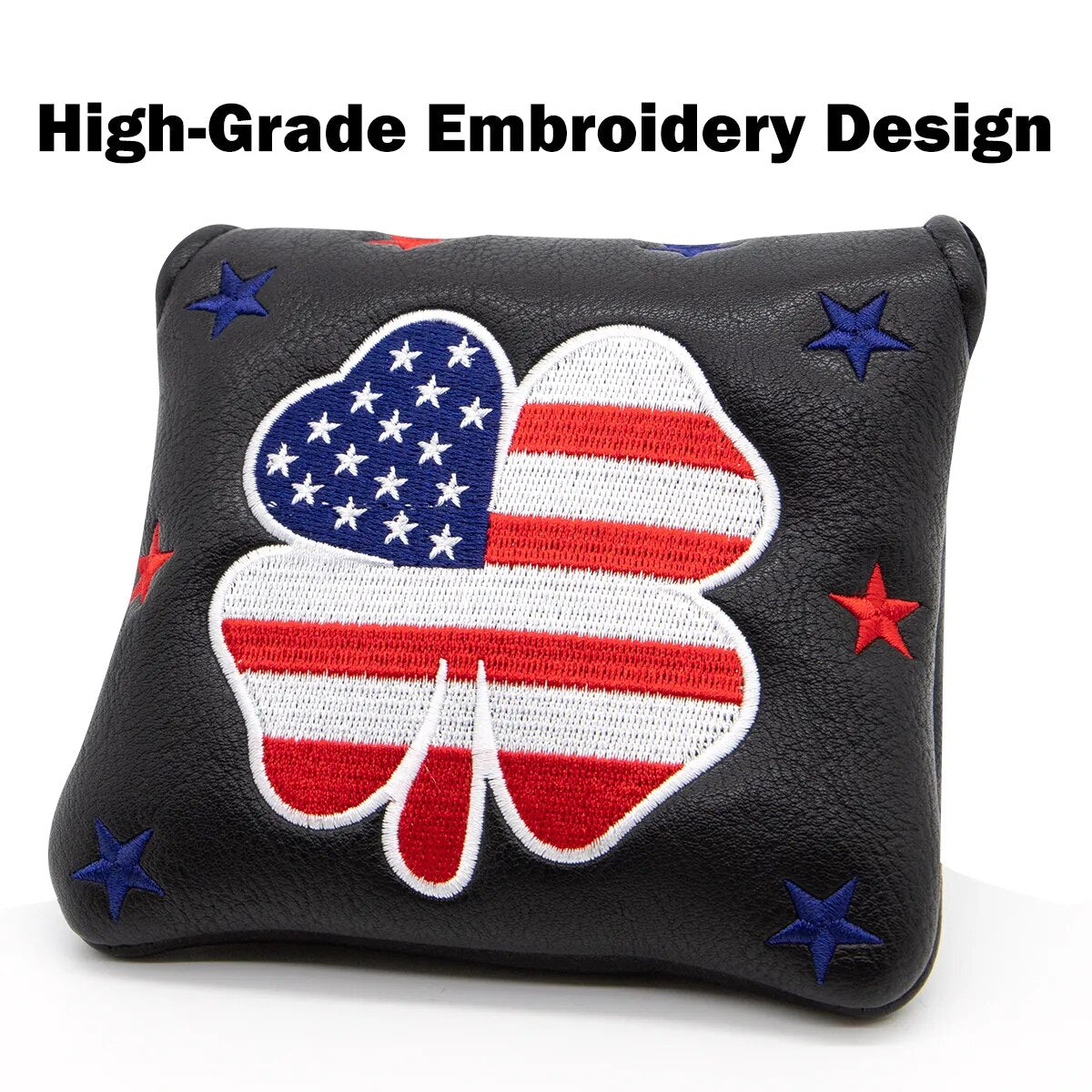 USA Flag & Stars Lucky Square Black Leather Golf Mallet Putter Head Cover with Magnetic Closure