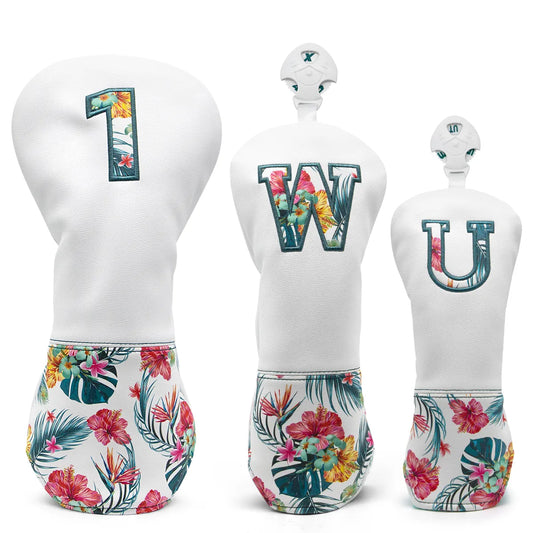 Tropical Hawaiian Themed White Leather Golf Club Head Covers Driver, Wood, Hybrid, Blade Putter, Ball Pouch