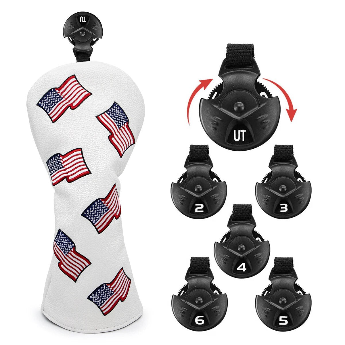 USA Flag Print White Leather Golf Club Head Covers Drivers, Woods, Hybrids