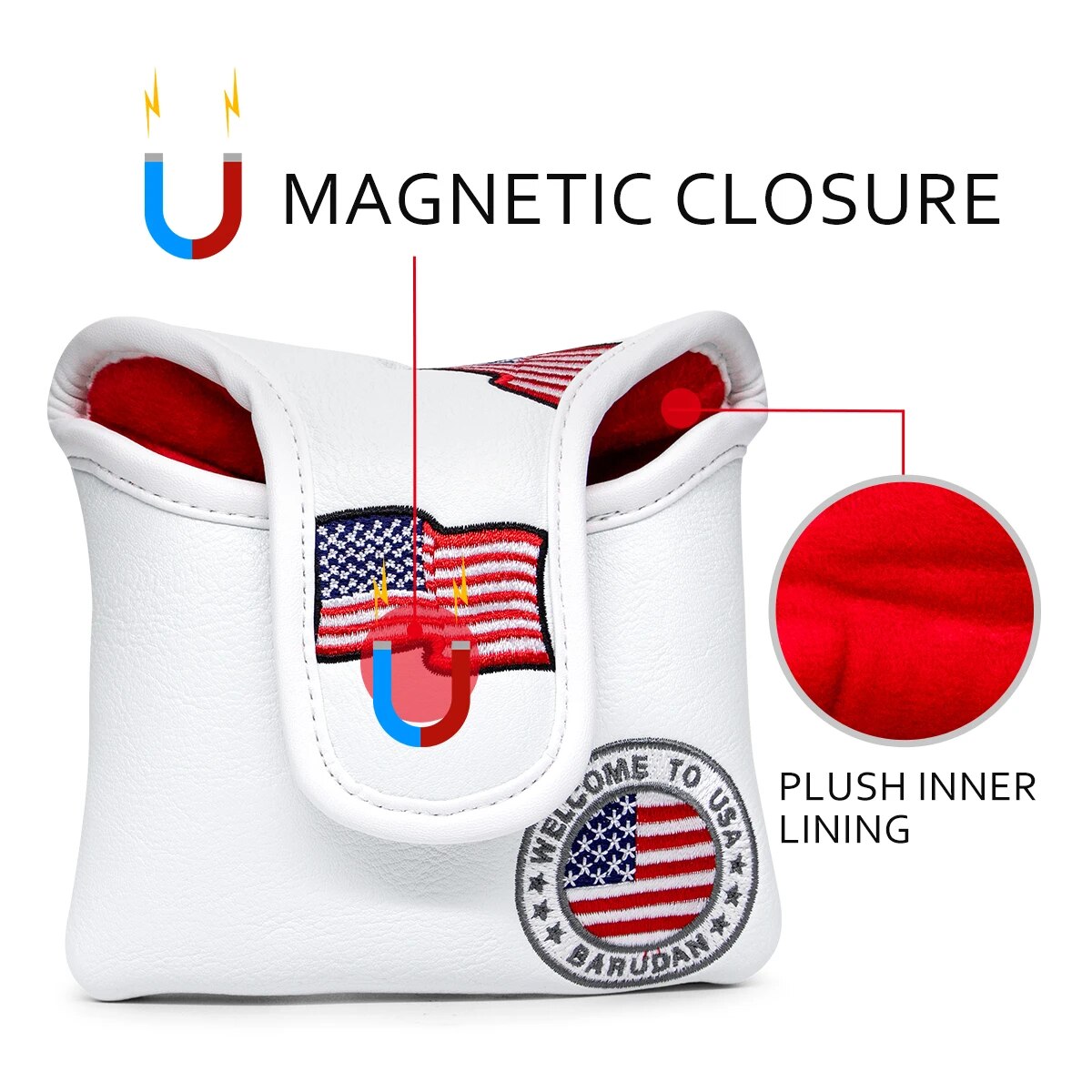 USA Flag Embriodered Square White Leather Golf Mallet Putter Head Cover with Magnetic Closure