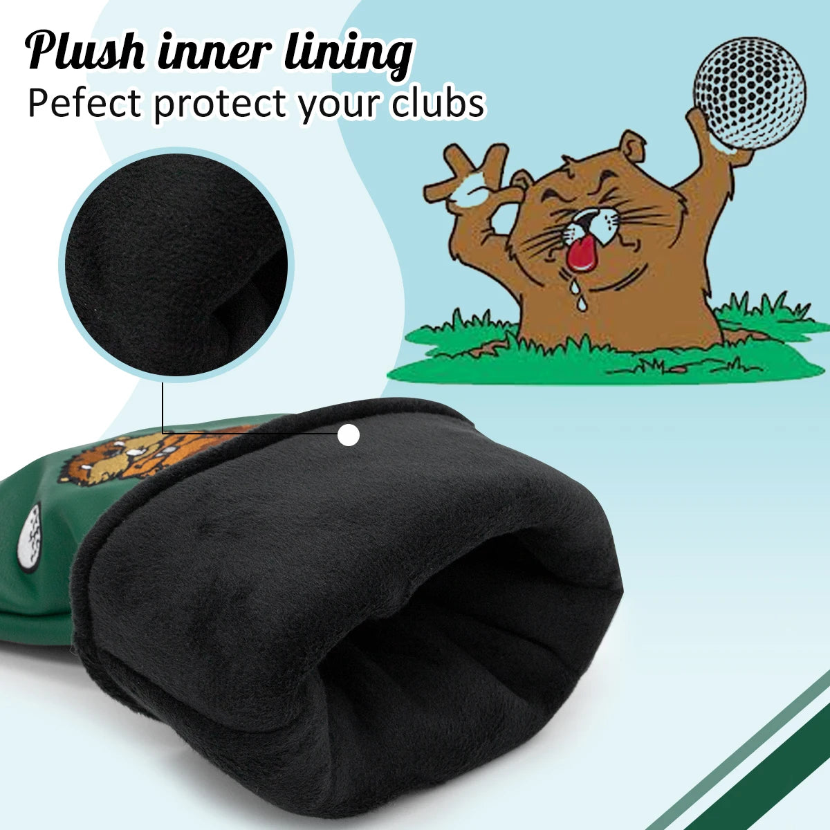 Green Leather Groundhog Embroidered Golf Club Headcovers for Drivers, Fairway Woods, Hybrids, & Putters