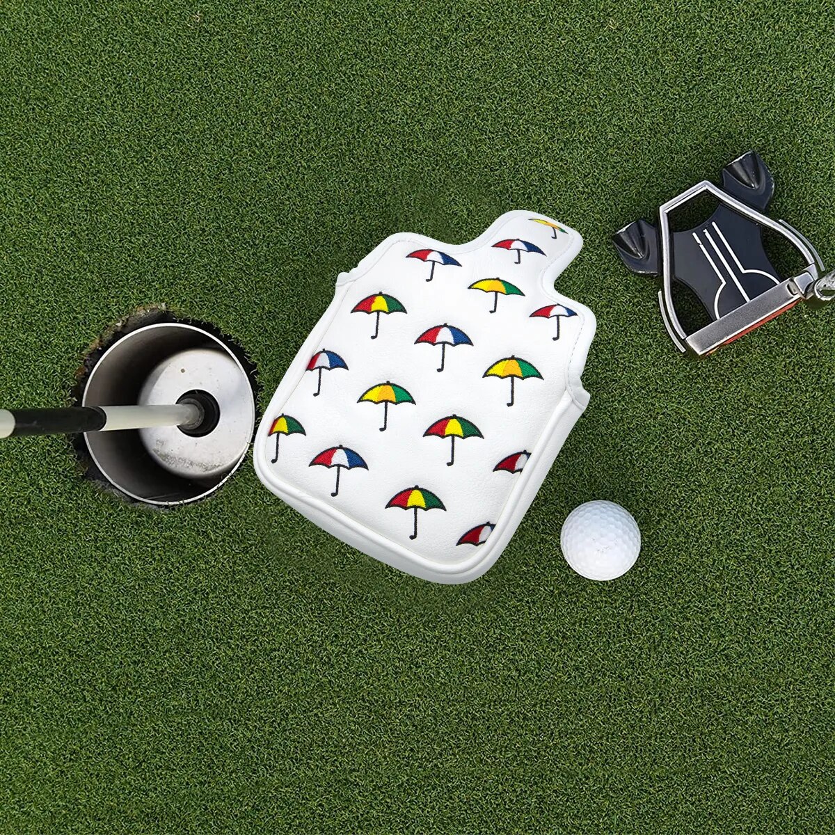 Arnold Palmer Umbrella Themed White Leather Golf Mallet Putter Head Cover with Magnetic Closure