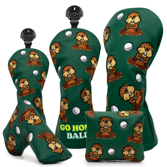 Green Leather Groundhog Embroidered Golf Club Headcovers for Drivers, Fairway Woods, Hybrids, & Putters