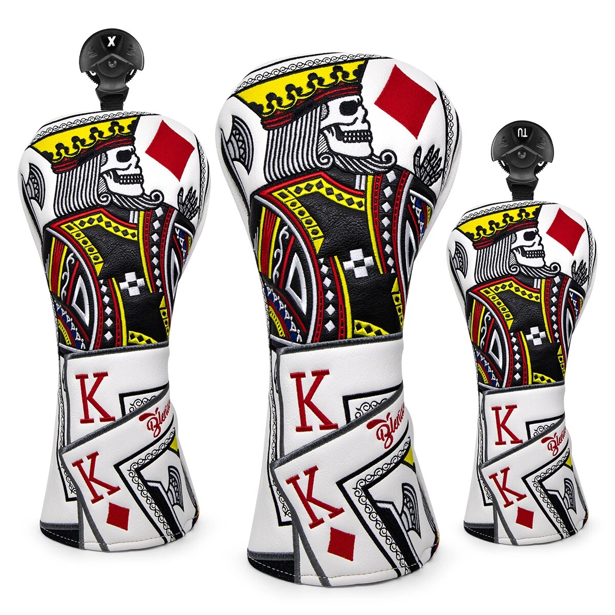 Skull King Of Diamonds Playing Cards Leather Golf Club Head Covers Drivers, Woods, Hybrids, Mallet & Blade Putters