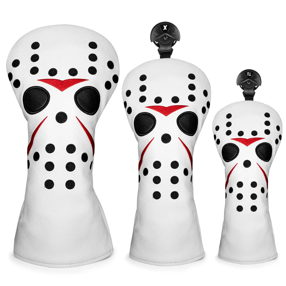 Hockey Mask Themed White Leather Golf Club Head Covers Driver, Woods, Hybrids