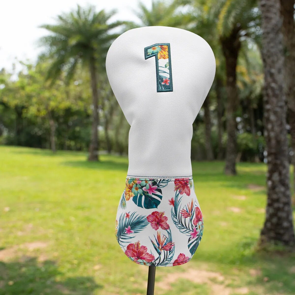 Tropical Hawaiian Themed White Leather Golf Club Head Covers Driver, Wood, Hybrid, Blade Putter, Ball Pouch