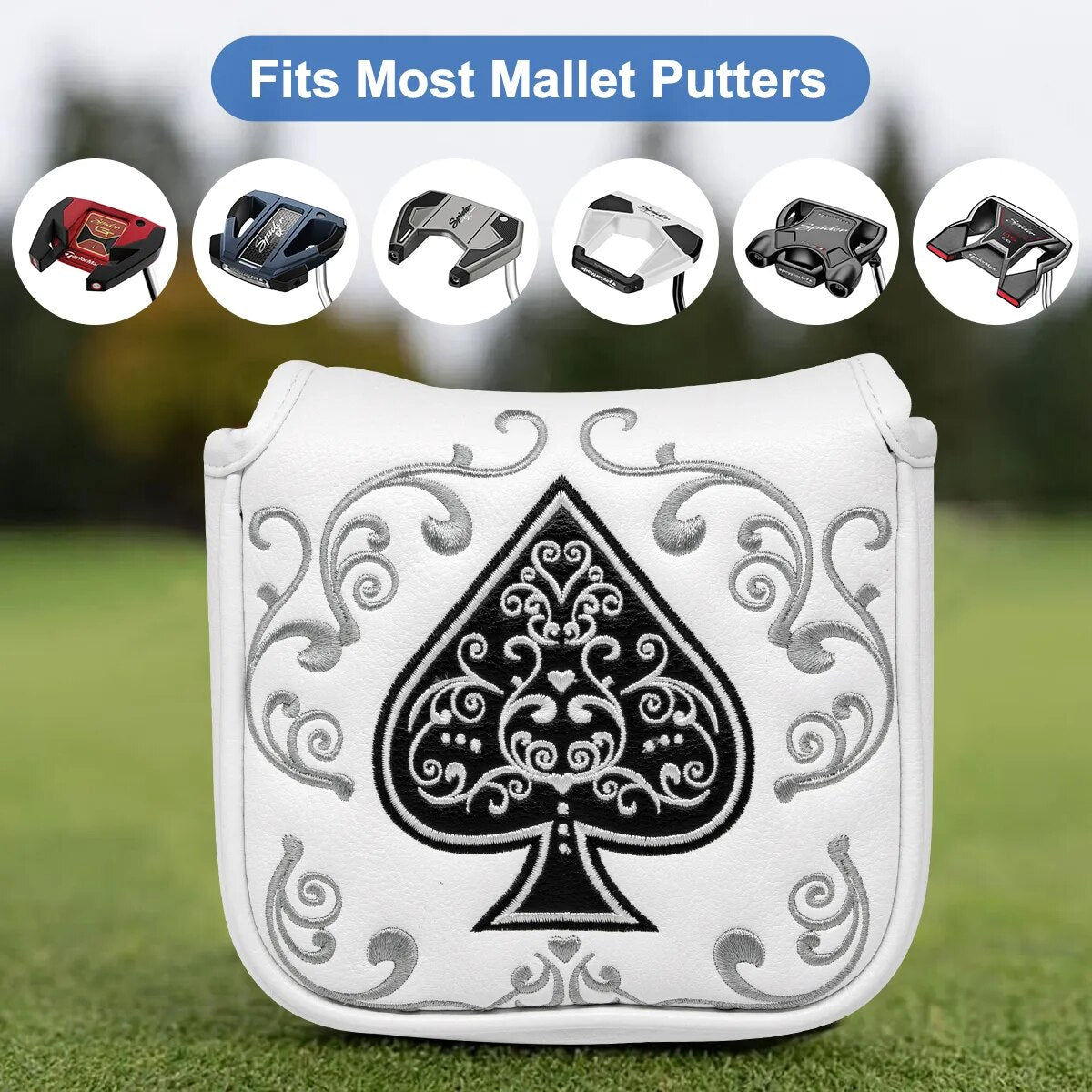 ACE Of Spades Playing Cards White & Black Leather Golf Mallet Putter Head Cover