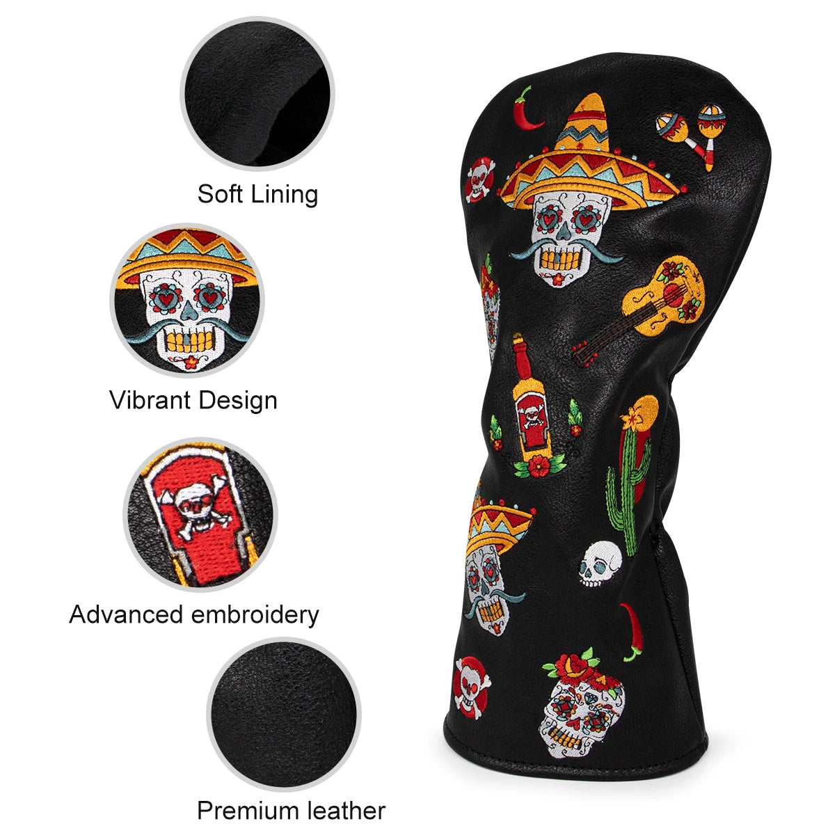 Fiesta Skull Themed Black Leather Golf Club Head Covers Drivers, Woods, Hybrids, Putters