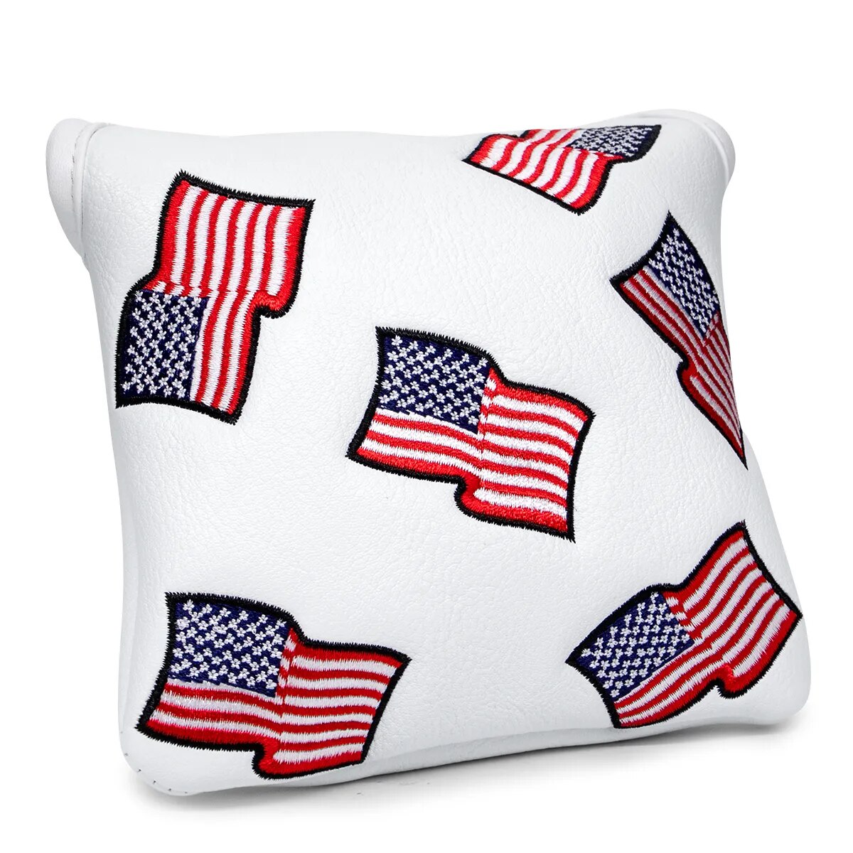 USA Flag Embriodered Square White Leather Golf Mallet Putter Head Cover with Magnetic Closure