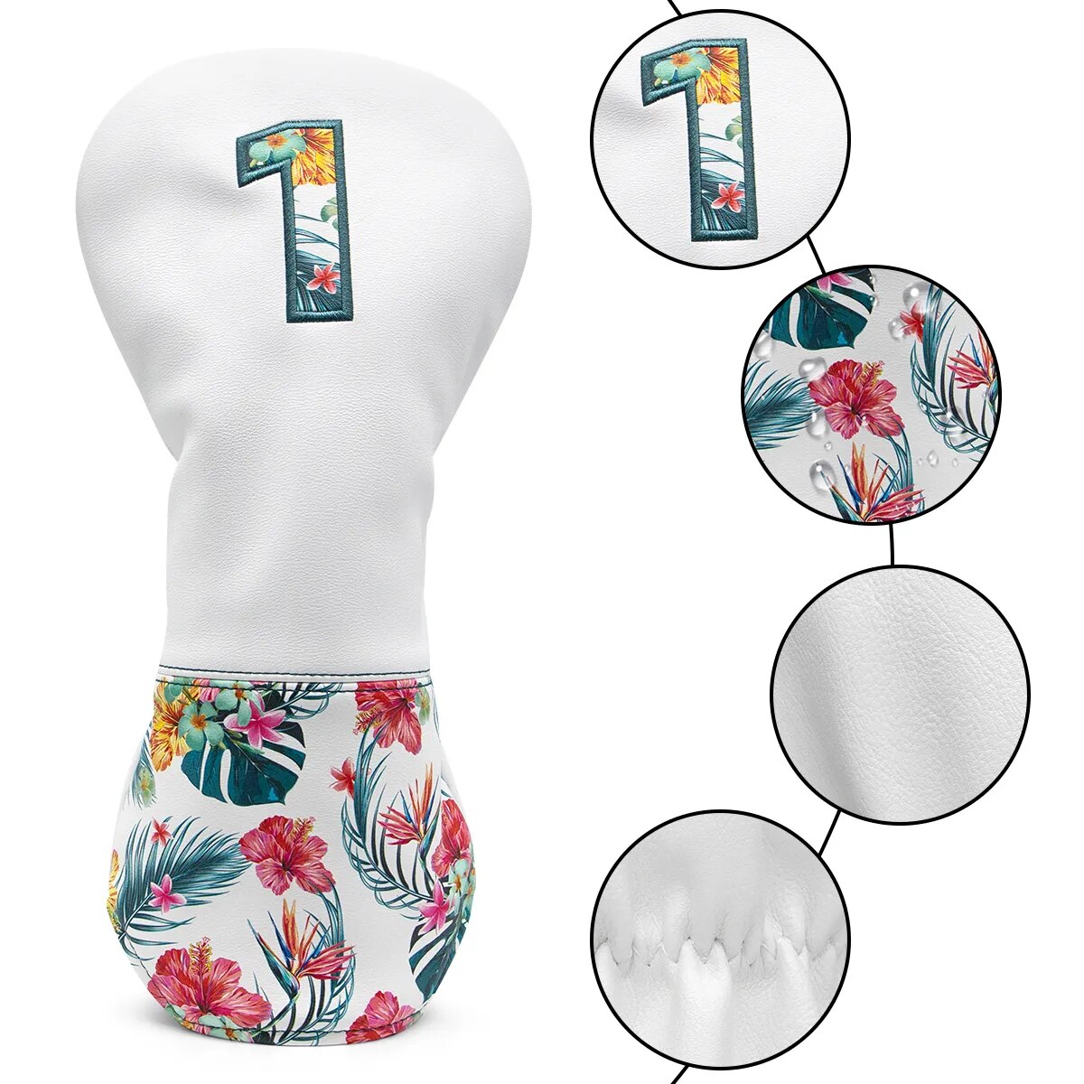 Tropical Hawaiian Themed White Leather Golf Club Head Covers Driver, Wood, Hybrid, Blade Putter, Ball Pouch