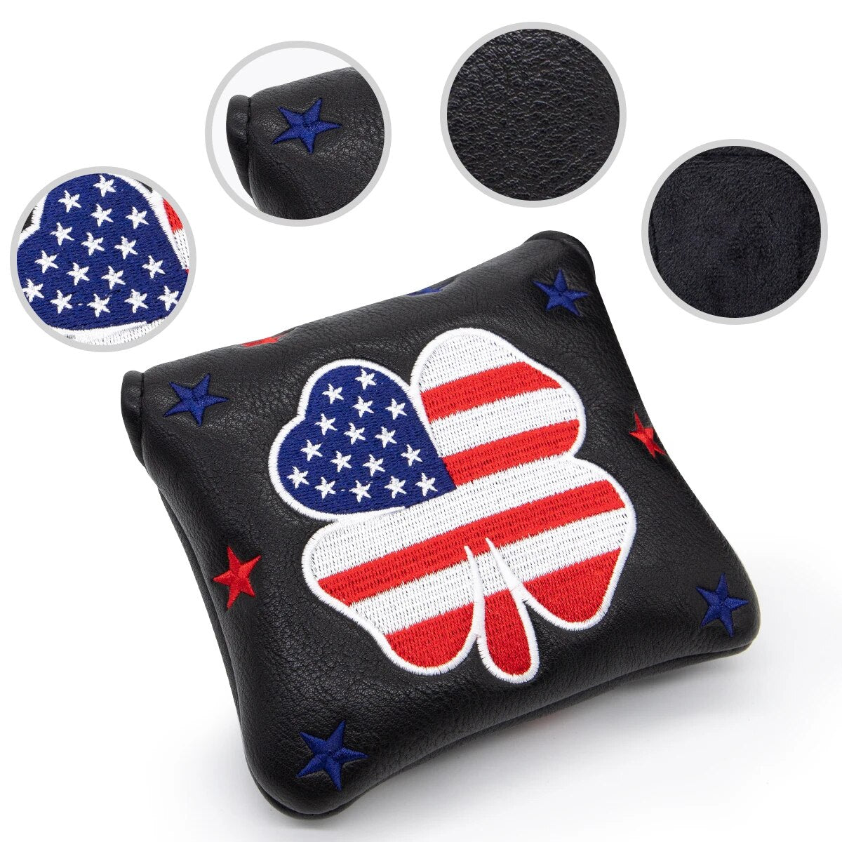 USA Flag & Stars Lucky Square Black Leather Golf Mallet Putter Head Cover with Magnetic Closure