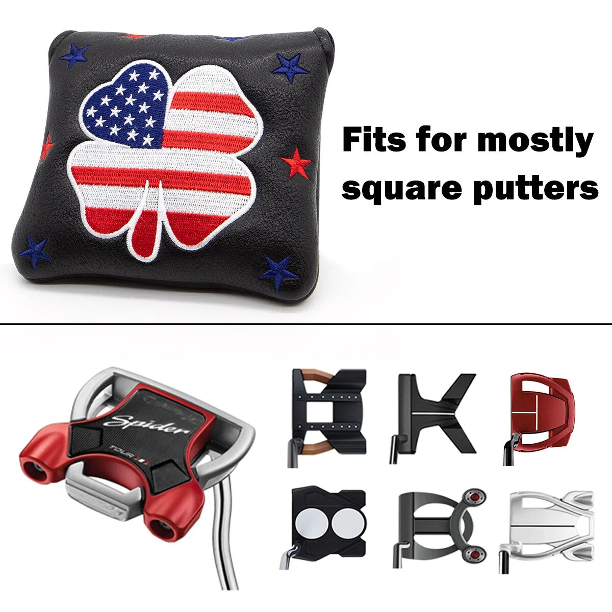 USA Flag & Stars Lucky Square Black Leather Golf Mallet Putter Head Cover with Magnetic Closure