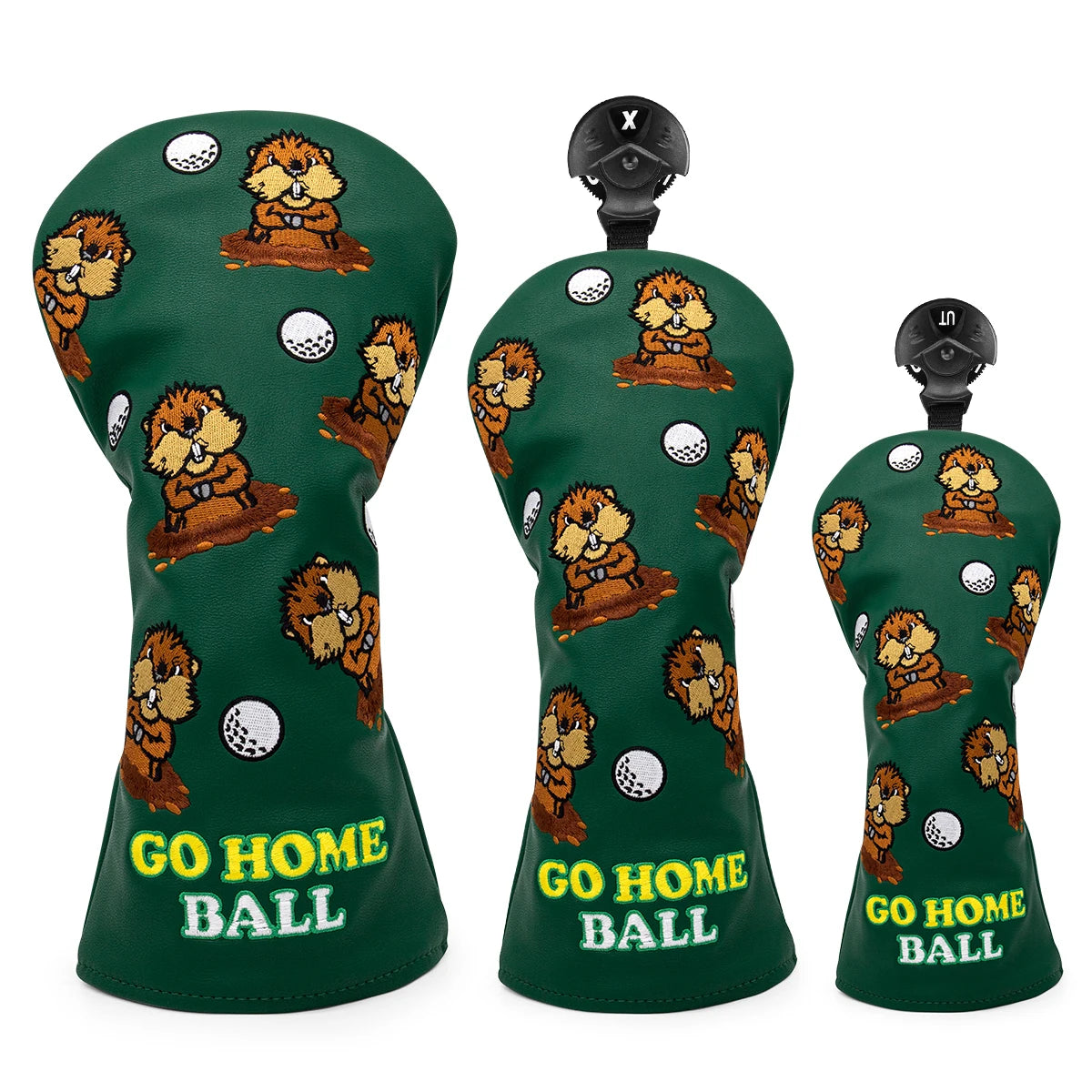 Green Leather Groundhog Embroidered Golf Club Headcovers for Drivers, Fairway Woods, Hybrids, & Putters