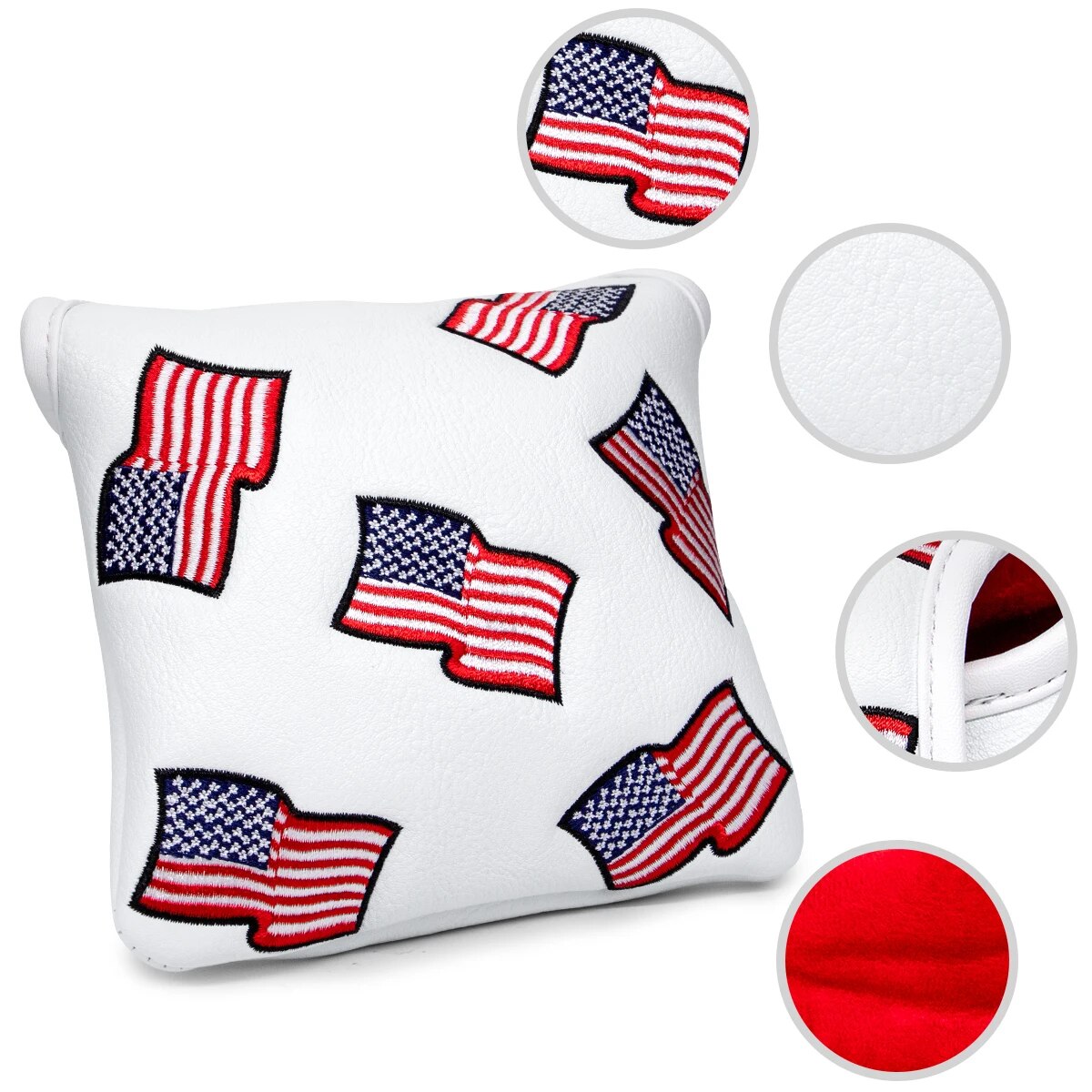 USA Flag Embriodered Square White Leather Golf Mallet Putter Head Cover with Magnetic Closure