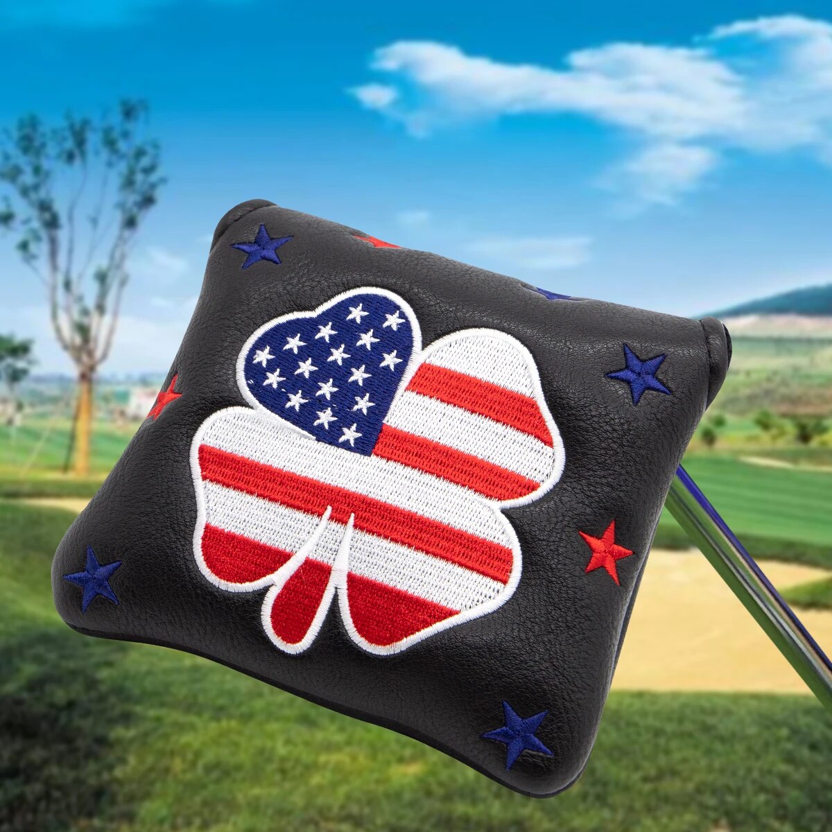 USA Flag & Stars Lucky Square Black Leather Golf Mallet Putter Head Cover with Magnetic Closure