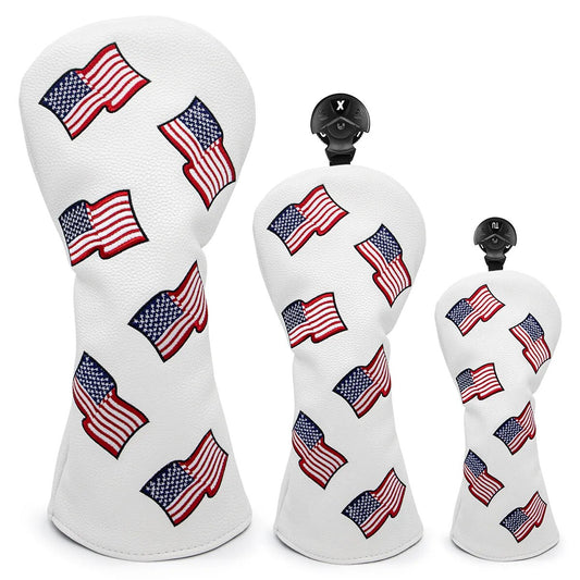 USA Flag Print White Leather Golf Club Head Covers Drivers, Woods, Hybrids