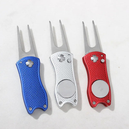 Metal Foldable Golf Divot Tool with Pop-up Button & Magnetic Ball Marker