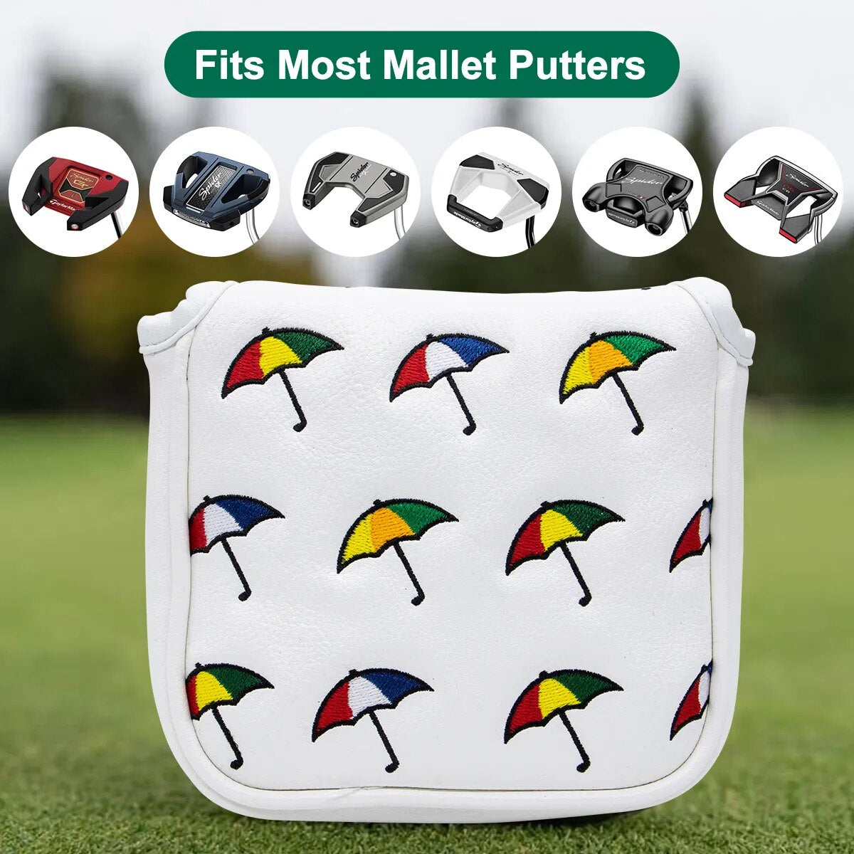 Arnold Palmer Umbrella Themed White Leather Golf Mallet Putter Head Cover with Magnetic Closure