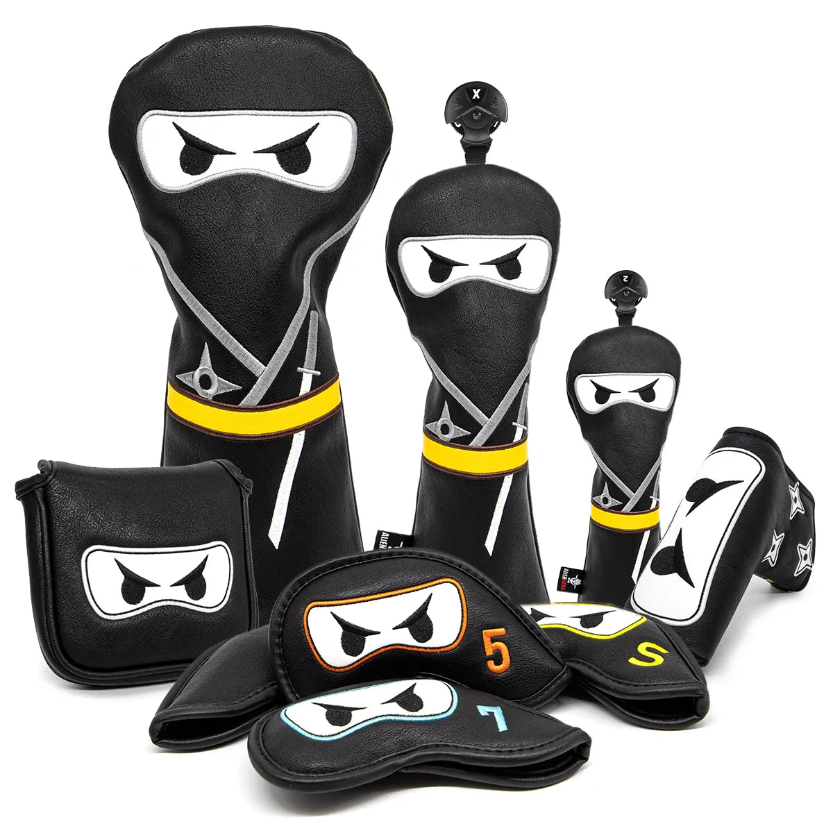 Black & Yellow Ninja Leather Golf Club Head Covers Driver, Wood, Hybrid, Iron, Mallet & Blade Putter