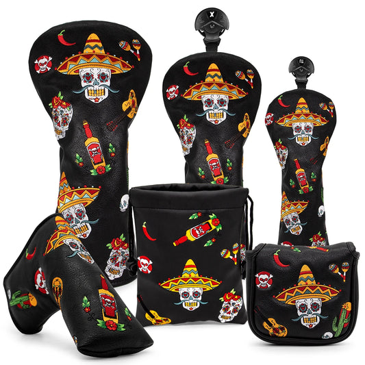 Fiesta Skull Themed Black Leather Golf Club Head Covers Drivers, Woods, Hybrids, Putters