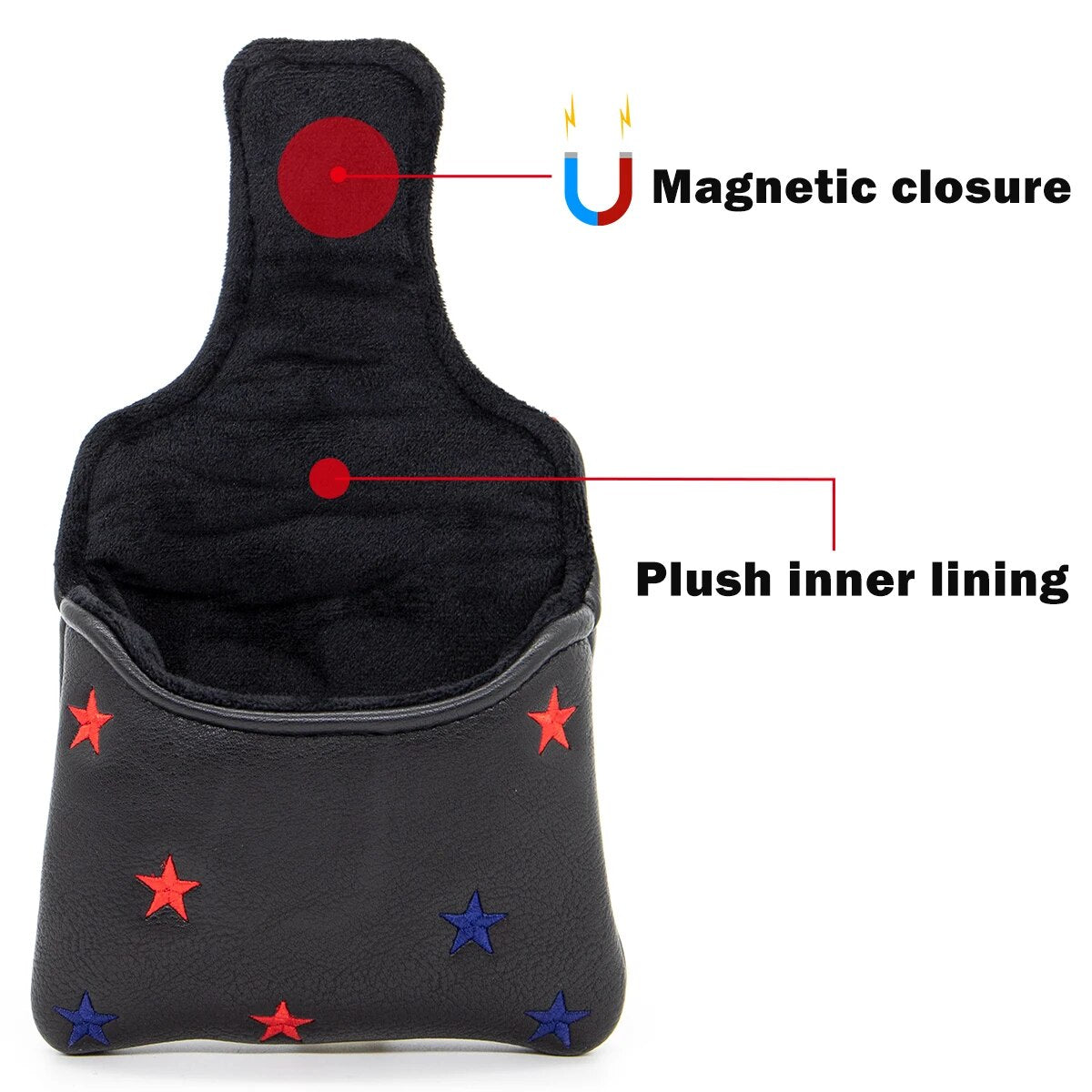 USA Flag & Stars Lucky Square Black Leather Golf Mallet Putter Head Cover with Magnetic Closure