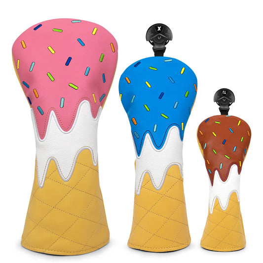 Cute Fun Ice Cream & Sprinkles Waffle Cone Leather Golf Club Head Covers Driver, Wood, Hybrid